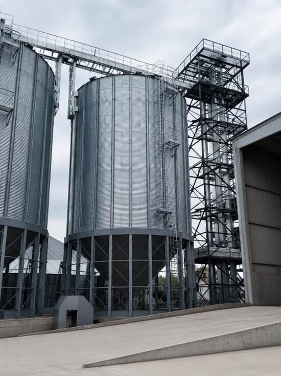 Hopper-bottom grain storage silos, a conveyor gallery, and a bucket elevator at a modern grain elevator facility