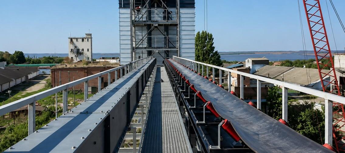 Стрічковий конвеєр і норія зернового комплексу, змонтовані на транспортній галереї.